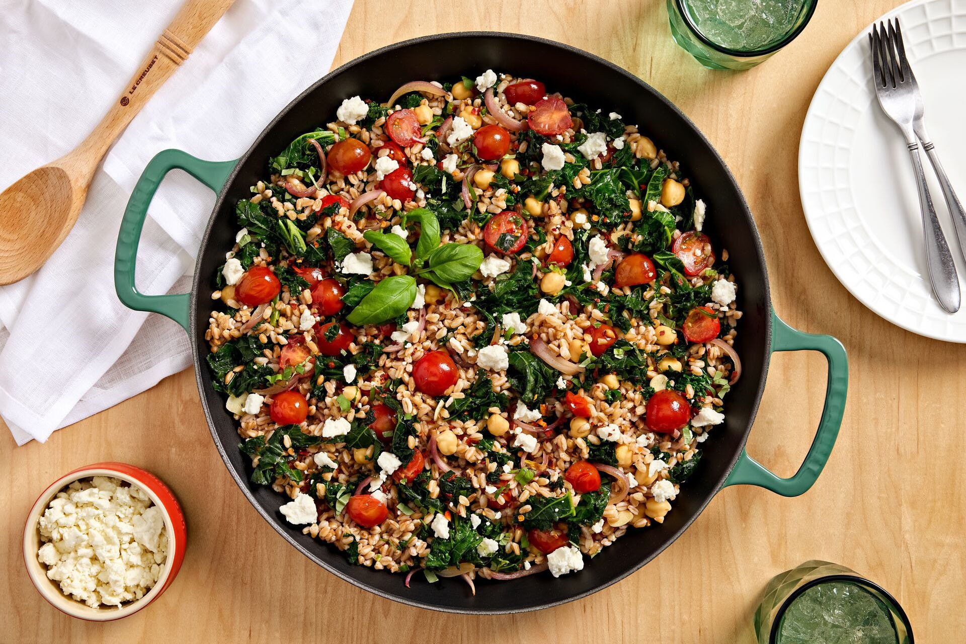 Farro with Tomato, Chickpeas, Kale and Feta
